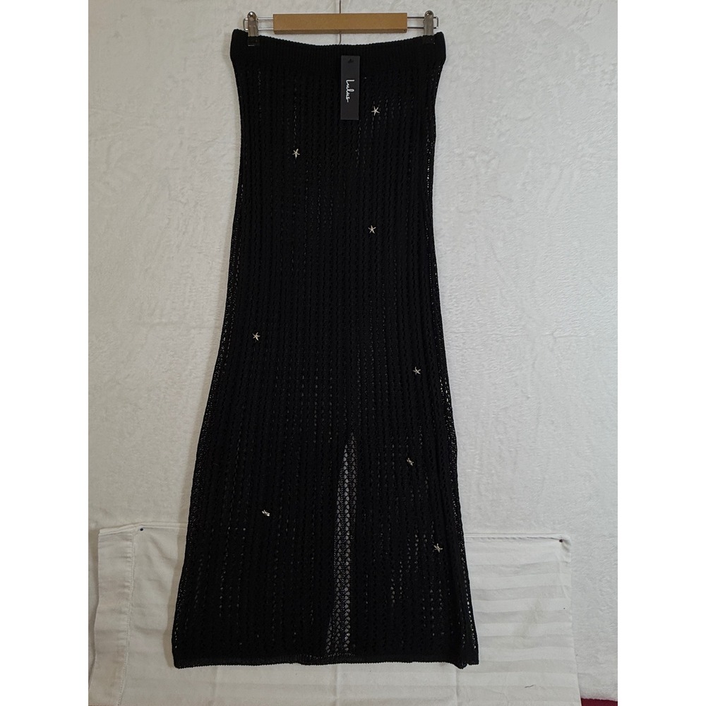 Lulus Black Starfish Crochet Maxi Skirt Sheer Beach Cover Up Slit Large NWT
